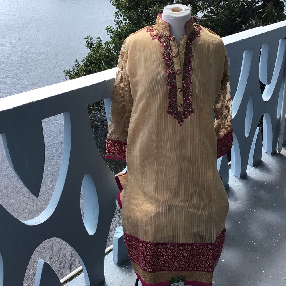 Diya Gorgeous Silk and Beaded Deep V-neck Button Long Sleeve Gown NWT